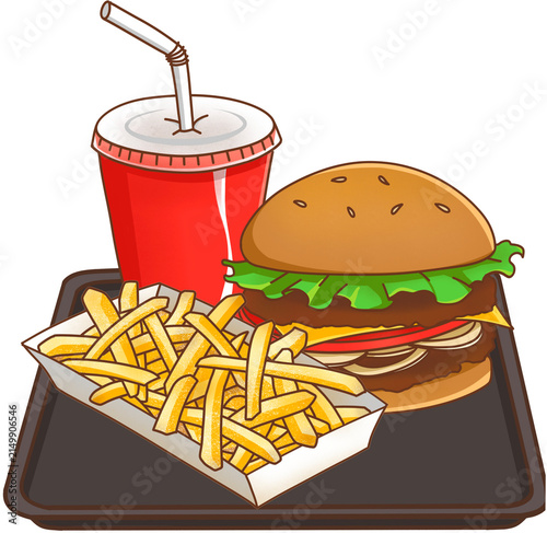 Delicious burger meal set with french fries and drink fast food illustration element