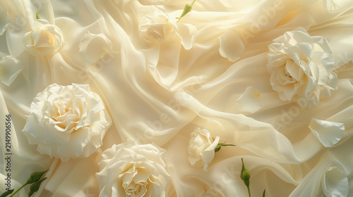 Roses are scattered on light yellow soft fabric with folds. Romantic abstract background. Valentine's Day, wedding, love. Close-up