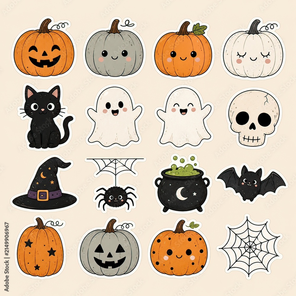 Naklejka premium Set of cute hand drawn halloween elements featuring pumpkins ghosts black cat skull and witch hat