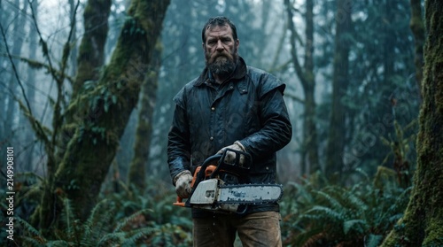 Bearded lumberjack holding chainsaw in misty forest, wearing rugged jacket and gloves among mossy trees and ferns, moody cinematic atmosphere, outdoors, wilderness work scene