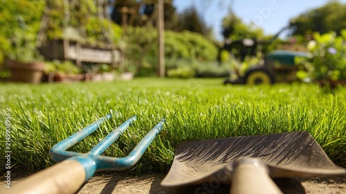 turf. Fresh green turf in a serene garden setting with gardening tools softly blurred in the background. travel magazines, destination branding, designed for outdoor magazines and nature guides.