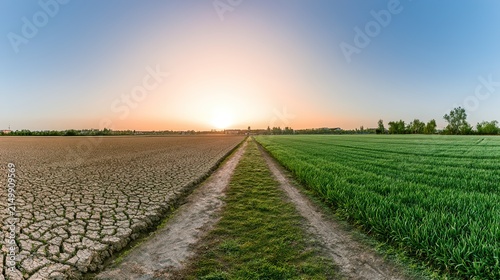 drought. Dramatic landscape transitioning from dry earth to lush green fields under a sunrise sky. travel magazines, destination branding, designed for outdoor magazines and nature guides.