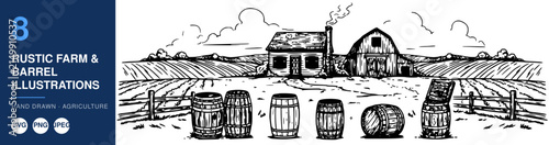 Farm Illustrations Featuring Barns, Vineyards, and Barrels in a Hand-Drawn Rustic Style for Agriculture Themes