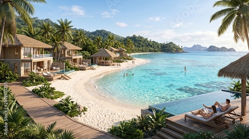 Tropical beach with clear blue water and palm trees