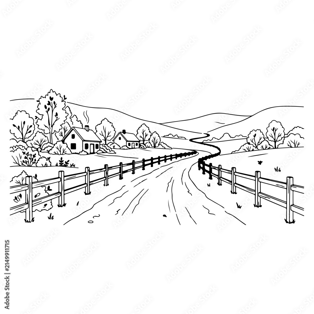 Fototapeta premium Rustic country road with wooden fence and farmhouse