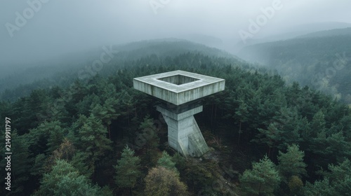 Canon EOS R5 captures minimalist observation tower in misty forest