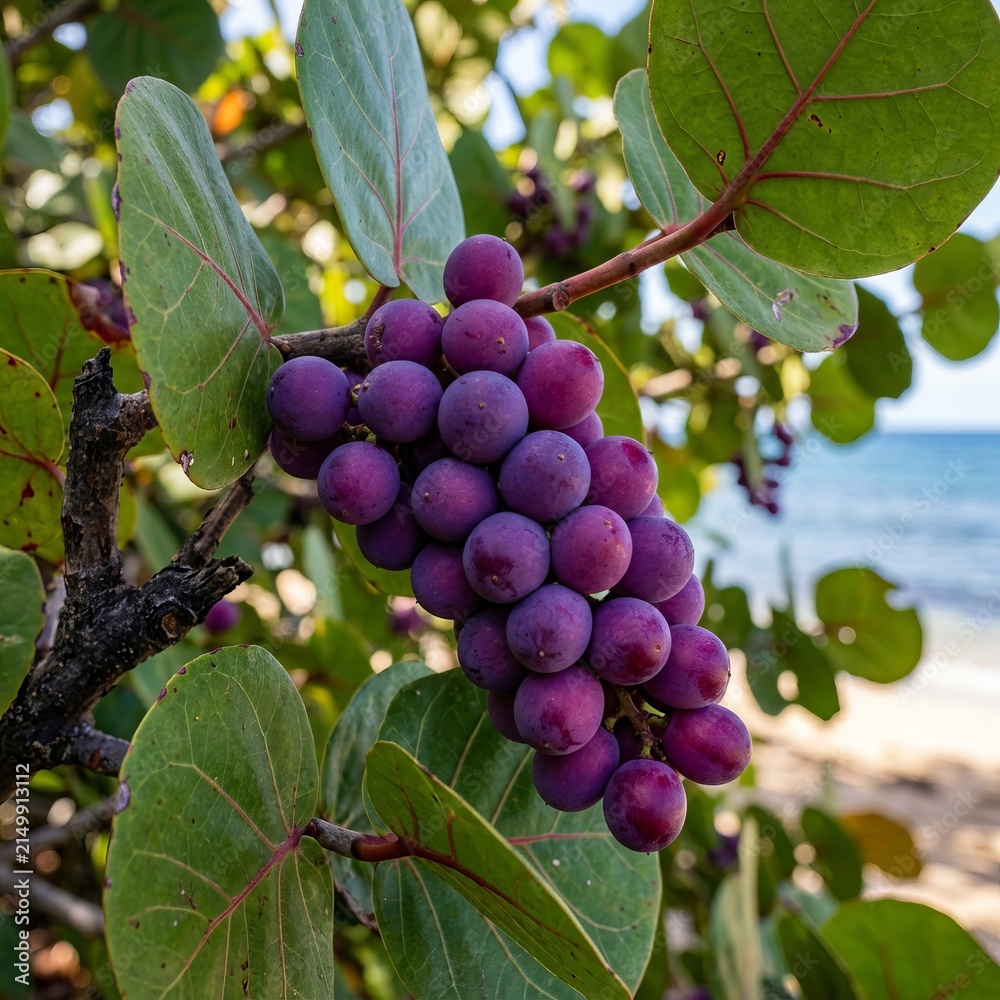 Obraz premium Vibrant purple grapes ripen on a leafy vine with a blurred beach and ocean in the background.