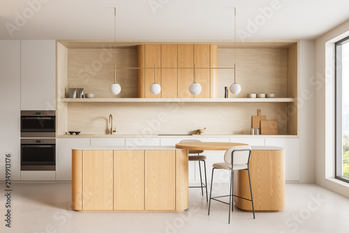 Contemporary wood kitchen interior with island, pendant lighting, built-in cabinetry, dining stools, and minimalist architectural design. 3D Rendering