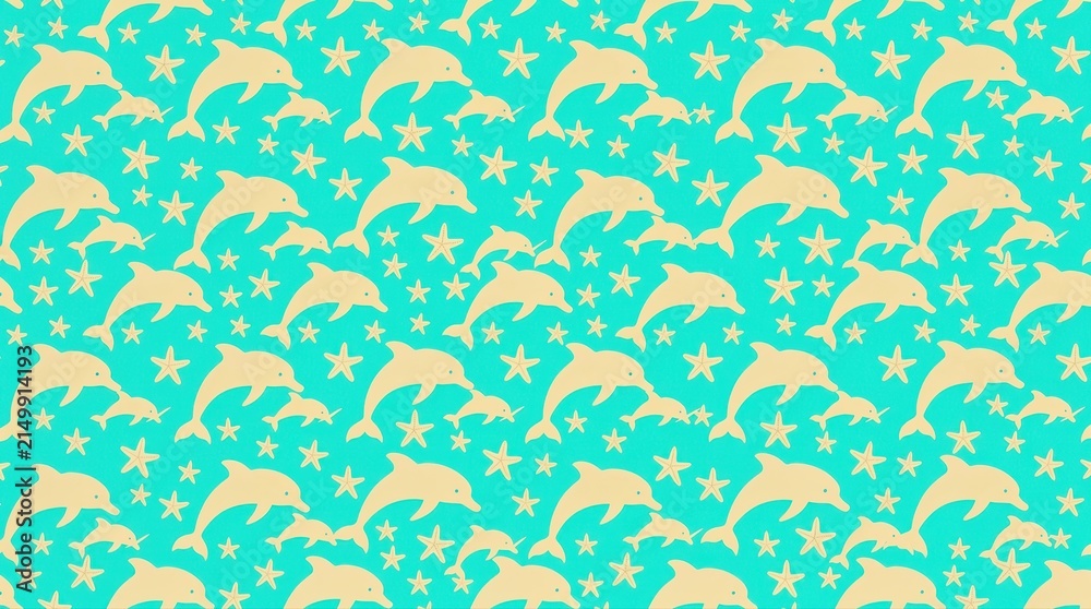 Seamless pattern featuring dolphins and starfish on a turquoise background. Decorative illustration with nautical motifs in a minimal flat style. Marine life theme for textiles and wrap design.