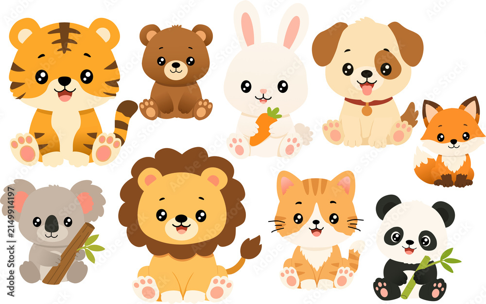 Obraz premium Cute Set of Cartoon Baby Animal Illustrations Featuring a Tiger Bear Rabbit Dog Fox Koala Lion Cat and Panda Sitting Together