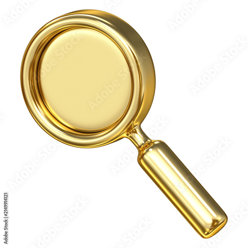 3D Golden search magnifying glass icon in glossy metallic style for web navigation, luxury look symbol designed for data find, explore, and zoom interface
