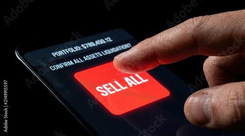 Finger pressing sell all button on smartphone screen unsustainable investment decision in finance