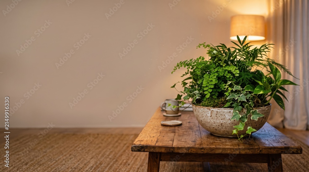 Fototapeta premium Sage green plant arrangement on coffee table with warm ambient light and generous copy space for lifestyle magazine covers