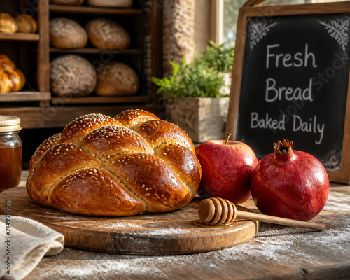 Round challah bread, apple, pomegranate and honey dipper on flour-dusted wooden board, festive bakery concept