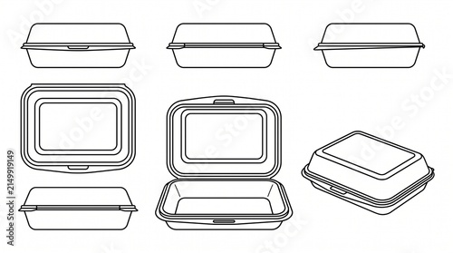 Take-Away Food Container Outline Icon Set, Styrofoam Lunch Box Vector Illustration in Different Perspectives