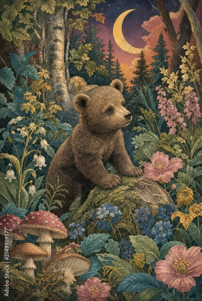 Obraz premium Illustration of a bear cub in a vibrant forest with flowers and a crescent moon overhead.