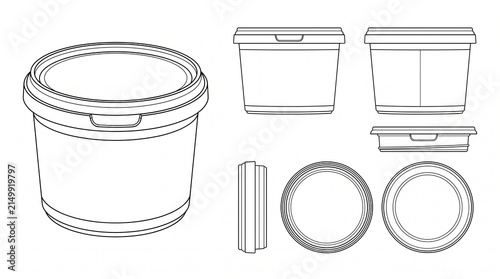 Plastic Bucket Container Mockup Schematic Line Art Set for Food Packaging Design