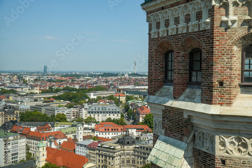 View from the south tower of the Frauenkirche over the historic center of Munich’s Old Town toward the northwest, featuring typical Old Town buildings and rooftops