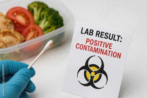 Alarming lab result showing positive contamination from food sample swab test. close up on biohazard symbol and label indicating serious health risk and food poisoning danger