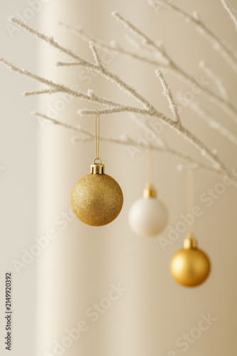 Minimal winter decoration with gold and white baubles hanging from frosted branches in soft morning light evokes calm festive mood