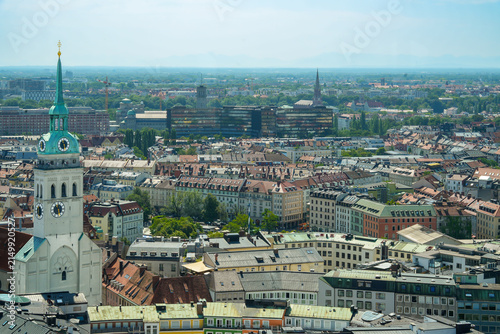 View from the south tower of the Frauenkirche over the rooftops of Munich’s Old Town, with the striking tower of St. Peter’s Church (the “Alter Peter”) in the foreground