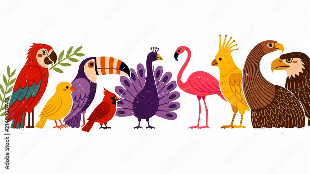 Obraz premium Diverse collection of colorful stylized birds in a horizontal row. Illustration featuring parrot, toucan, peacock, flamingo, and eagle. Nature diversity concept for educational and eco branding.