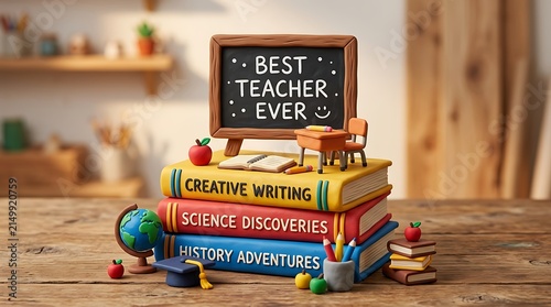 Books stacked with blackboard message best teacher ever.