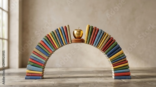 Conceptual golden apple atop colorful books arranged in curved archway.