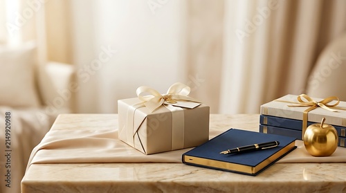 Elegant gift box, journal, pen, and golden apple on a marble table.