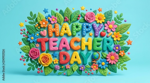 Happy teacher day text surrounded by colorful clay flowers.
