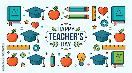 Happy teachers day graphic with educational icons.