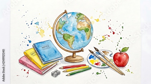 Watercolor illustration of school desk items with globe books and apple.