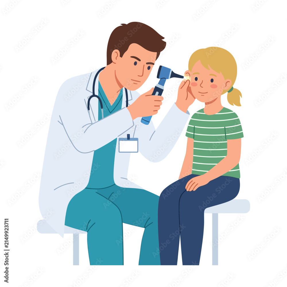Obraz premium Pediatrician Examines Young Girl Ear Using Otoscope in Medical Office