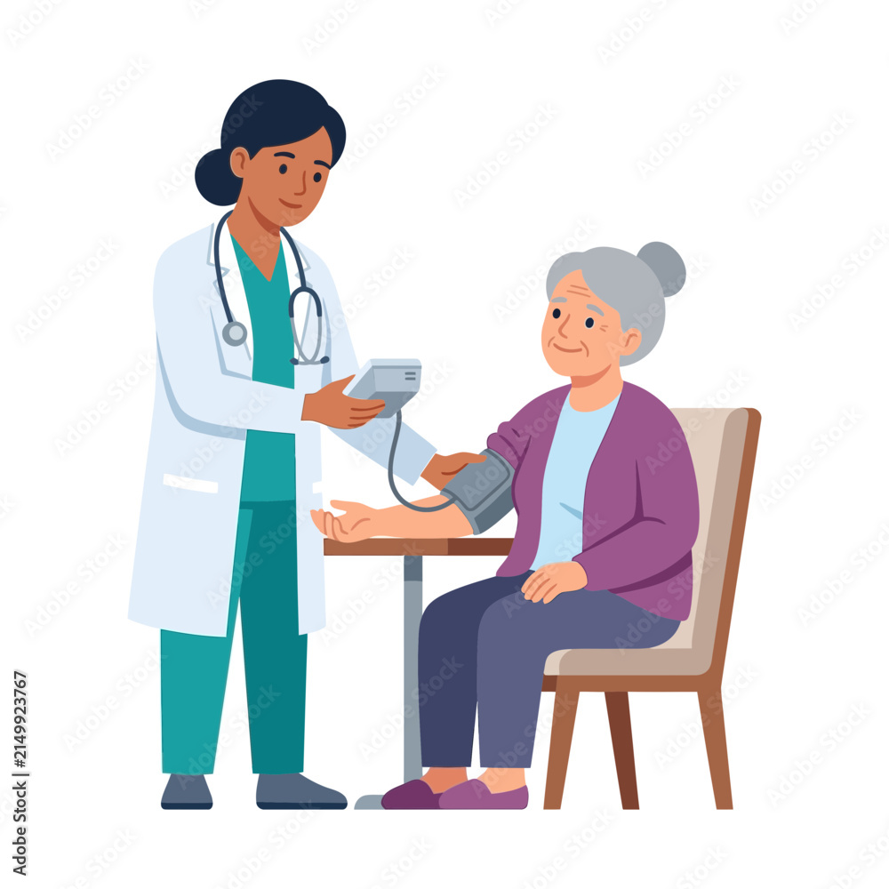 Obraz premium Female Doctor Measuring Blood Pressure of an Elderly Patient During a Medical Consultation