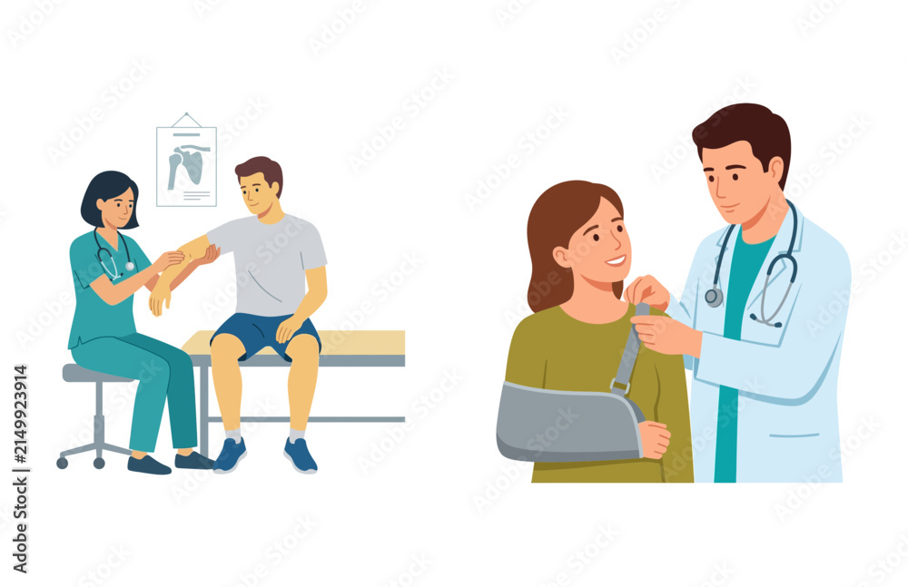 Fototapeta premium Professional Medical Staff Assisting Injured Patients with Arm Bandages and Slings in Clinic