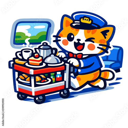 Foto A cheerful cartoon orange-and-white cat conductor in a blue uniform and red bow