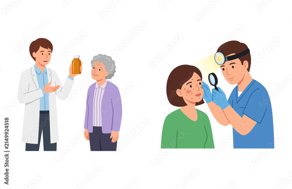 Fototapeta premium Dermatologist examining skin condition of a patient and doctor prescribing medicine to elderly woman