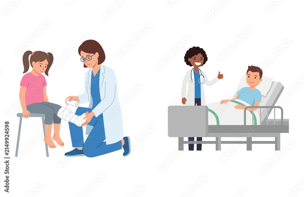 Obraz premium Doctor examining and treating patients in hospital vector illustration set