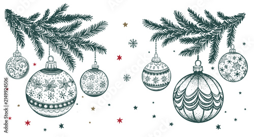 Hand-drawn Christmas Tree Branch with Festive Ornaments	
