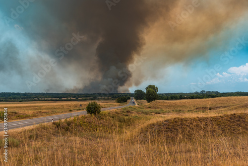 Wide landscape of a country road leading toward a massive smoke cloud from a wildfire burning in Deliblatska Pescara nature reserve. Deliblato, Serbia - August 7, 2026.