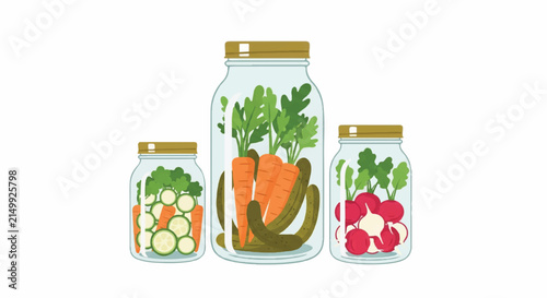 A trio of glass mason jars of different heights filled with pastel-colored pickling vegetables like carrots and radishes, soft daylight illumination, calm wellness mood, minimalist flat vector