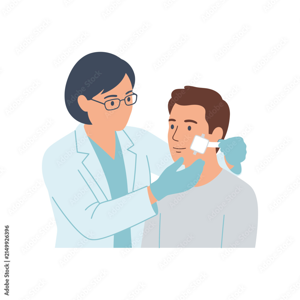 Fototapeta premium Professional Female Dermatologist Examining Patient Skin with Adhesive Dressing