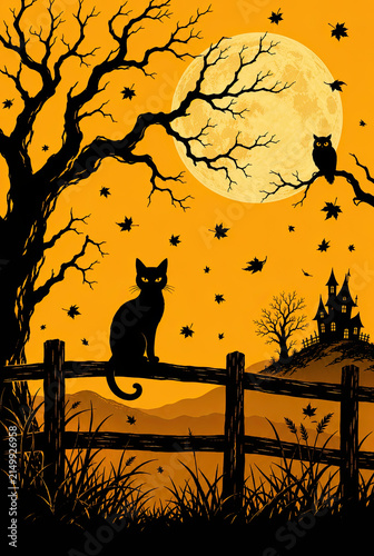 Halloween background featuring a black cat silhouette sitting on a fence with a haunted house, owl, and full moon against an orange autumn sky.