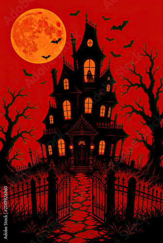 Spooky silhouette of a Victorian haunted house with a ghost in the window, bats, and a large full moon against a red background for Halloween celebration.