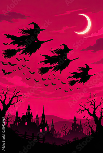 Silhouettes of witches flying on broomsticks over a spooky castle with bats against a crescent moon and a dark pink sky during Halloween night.