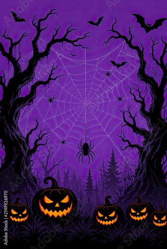 Halloween background featuring scary pumpkins, a giant spider web, bats, and silhouettes of dead trees in a dark purple spooky forest setting.