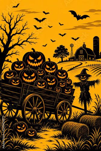 Halloween farm scene featuring a wooden wagon filled with jack-o-lanterns, a scary scarecrow, hay bales, and flying bats against an orange evening sky.