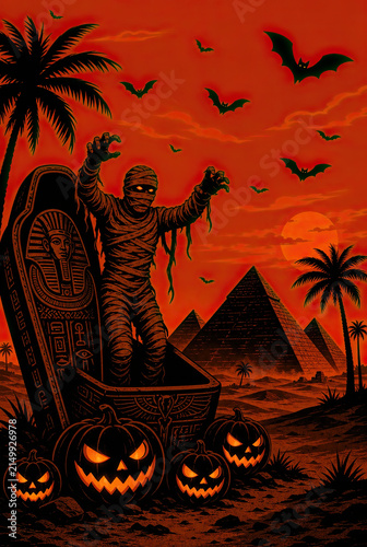 Mummy rising from an ancient sarcophagus in an Egyptian desert landscape with scary pumpkins, pyramids, palm trees and flying bats during a sunset.