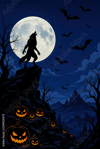 Silhouette of a werewolf howling at a full moon in a spooky landscape with carved jack-o-lanterns and bats flying in the night sky for Halloween celebration.