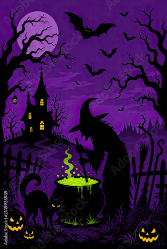 Silhouette of a witch stirring a boiling magic potion with a black cat, pumpkins, and a haunted house against a full moon on a dark purple night background.